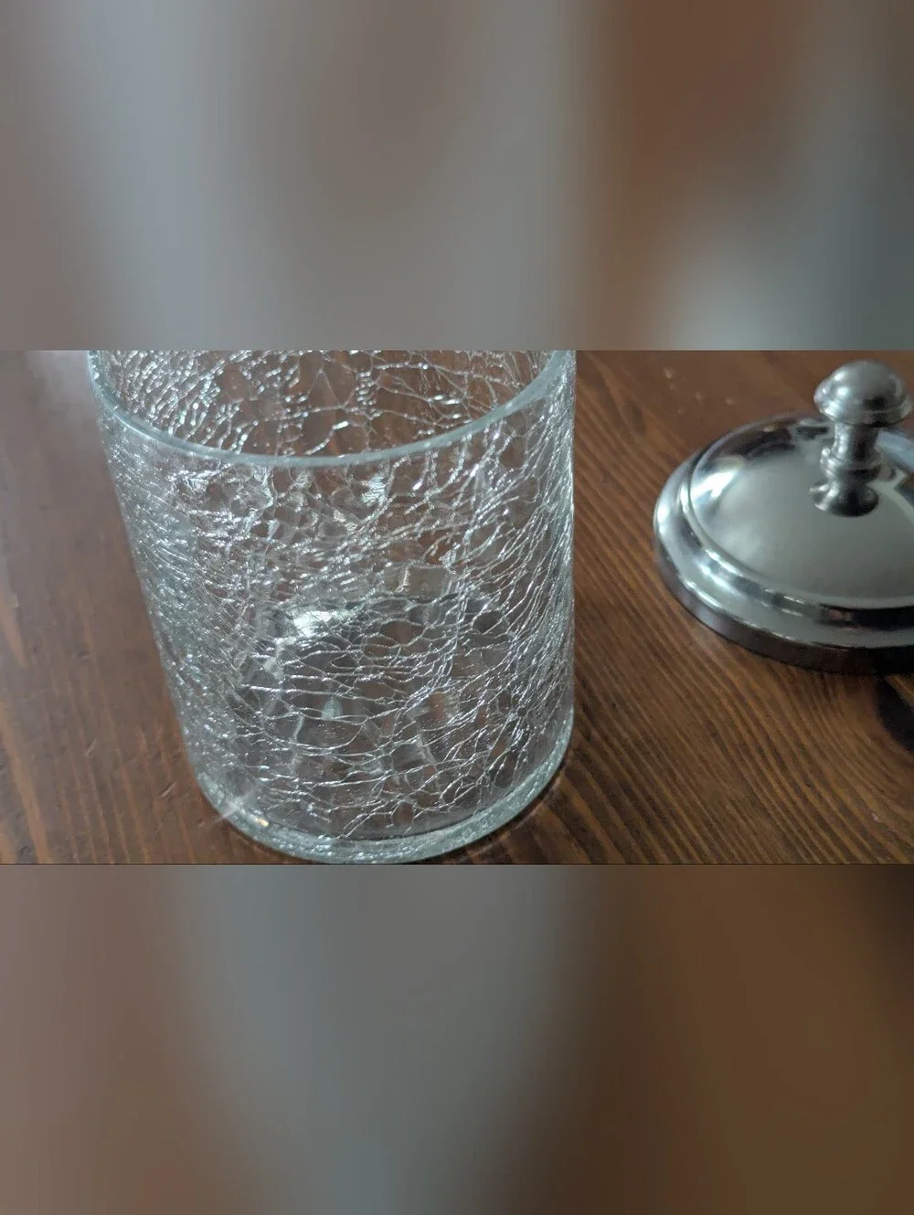 Clear Crackle Glass Jar with Chrome Finish Metal Lid. 5.5